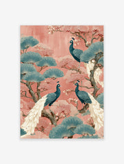 Illustrative wall art print with three teal peacocks, pink blossoms, and blue fan-shaped leaves on a coral background