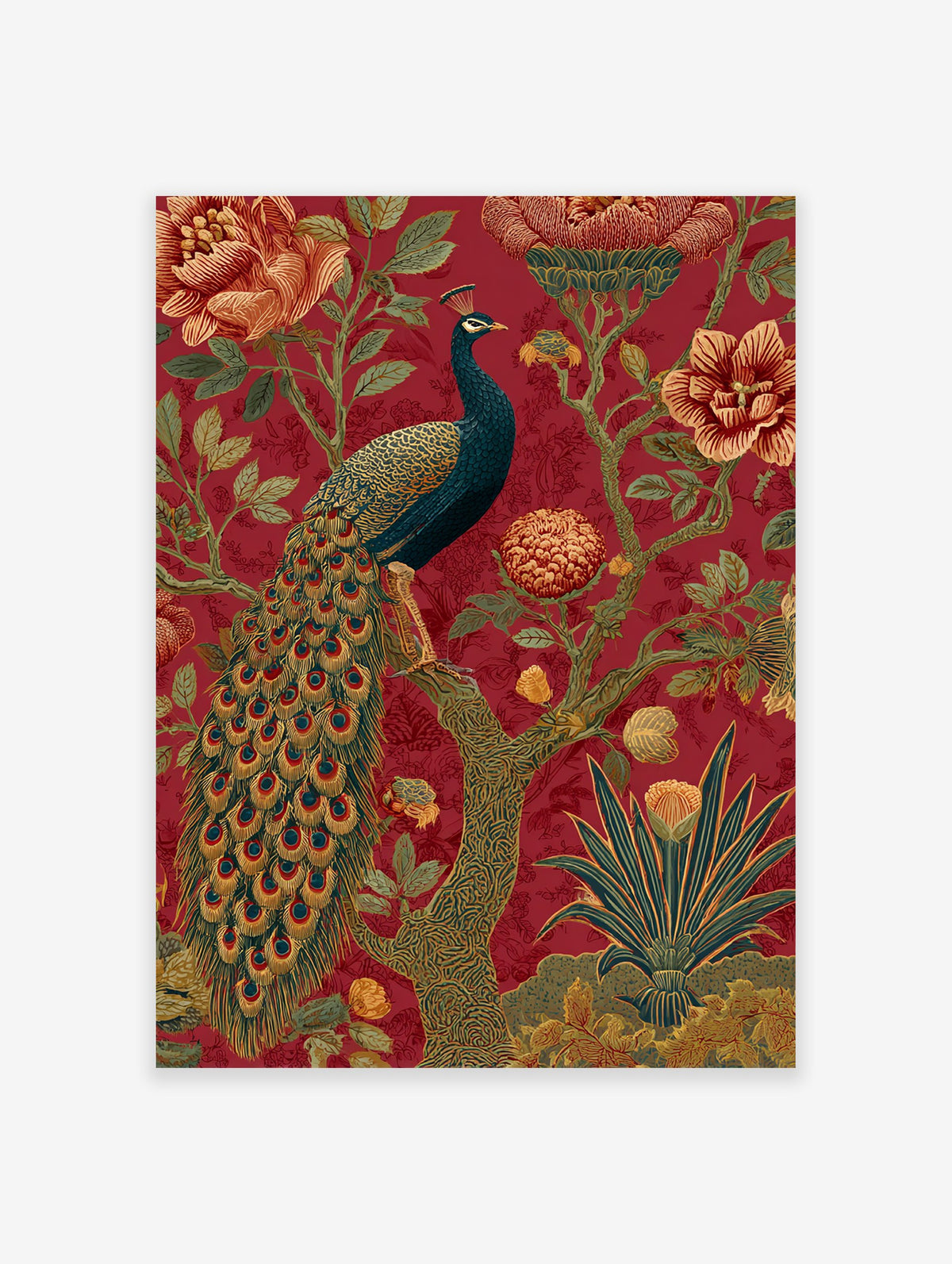 Peacock & Botanical Poster with a majestic blue peacock on a tree branch, surrounded by large red and gold flowers on a deep red background.