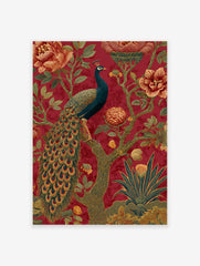 Peacock & Botanical Poster with a majestic blue peacock on a tree branch, surrounded by large red and gold flowers on a deep red background.
