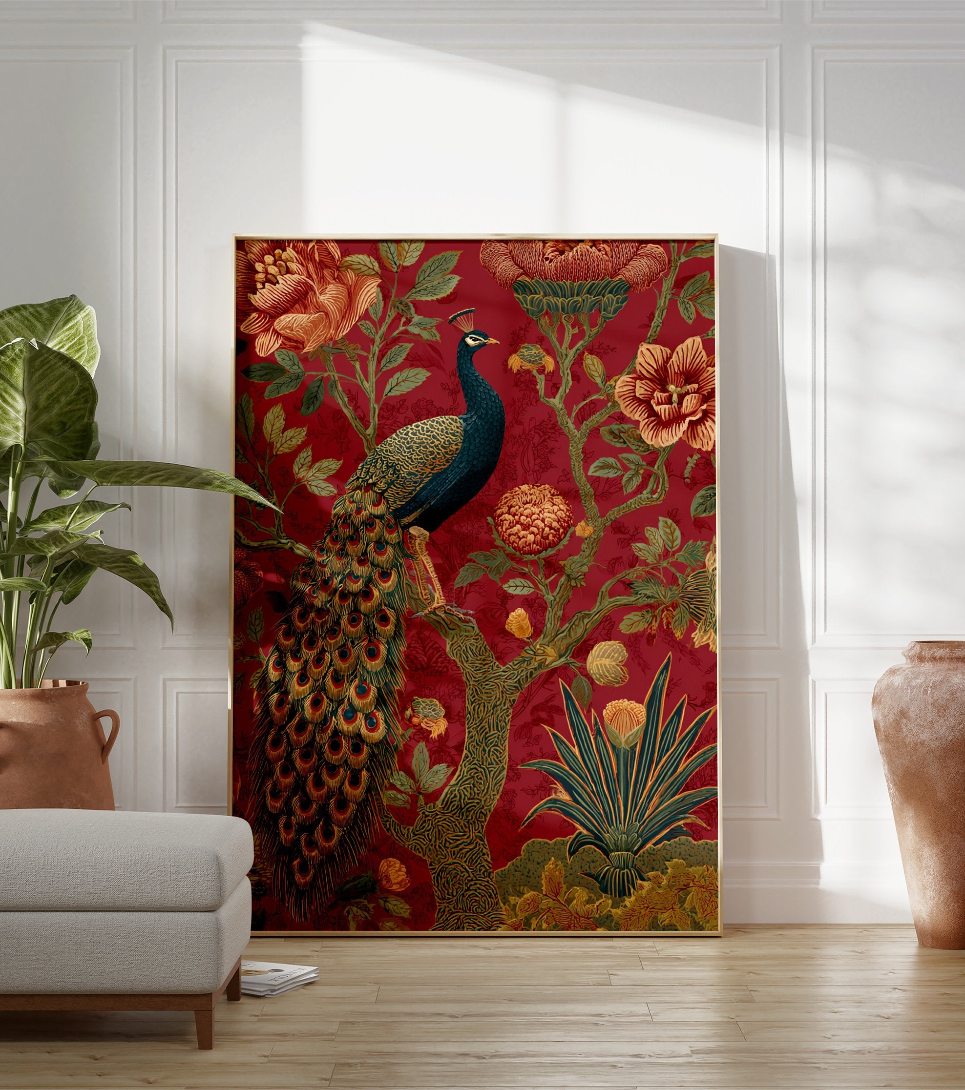 Peacock & Botanical Poster with a majestic blue peacock on a tree branch, surrounded by large red and gold flowers on a deep red background. - Image 3