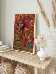 Peacock & Botanical Poster with a majestic blue peacock on a tree branch, surrounded by large red and gold flowers on a deep red background. - Image 4