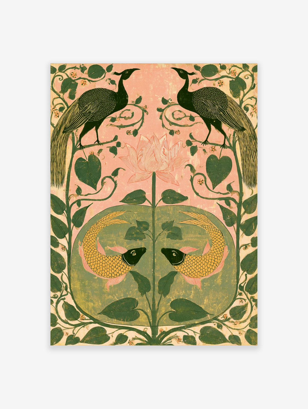 Symmetrical Indian-style peacock and fish art print with pink lotus and green foliage on pink background