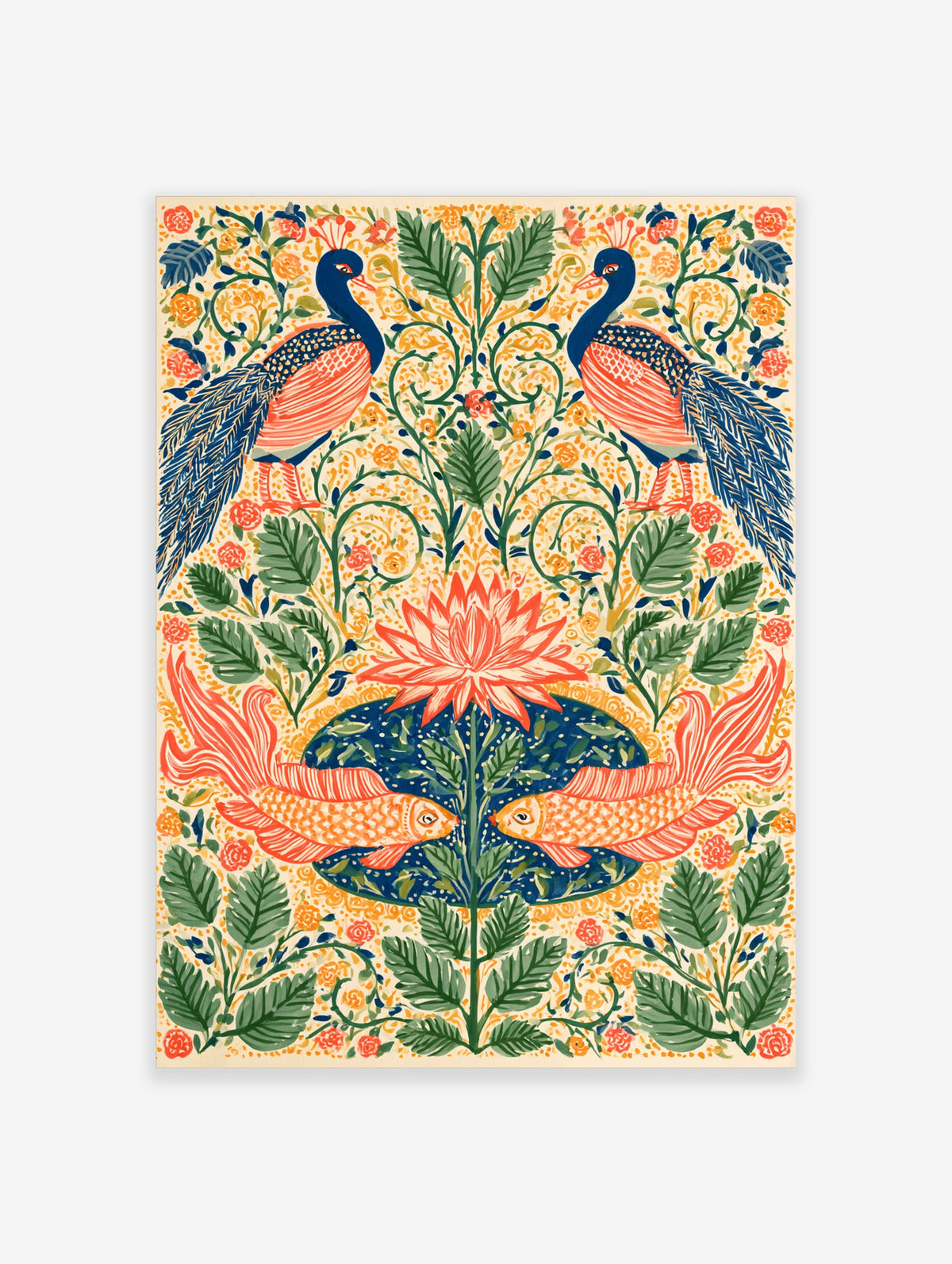 Colourful folk art print of two blue peacocks and orange koi fish with a central lotus flower on yellow