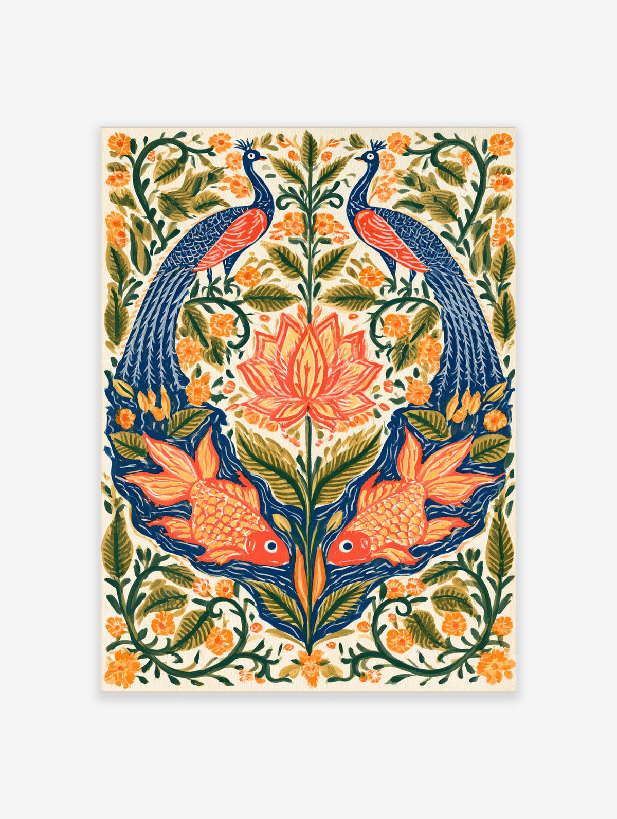 Folk art poster with two blue peacocks, orange koi fish and a central lotus flower on cream background