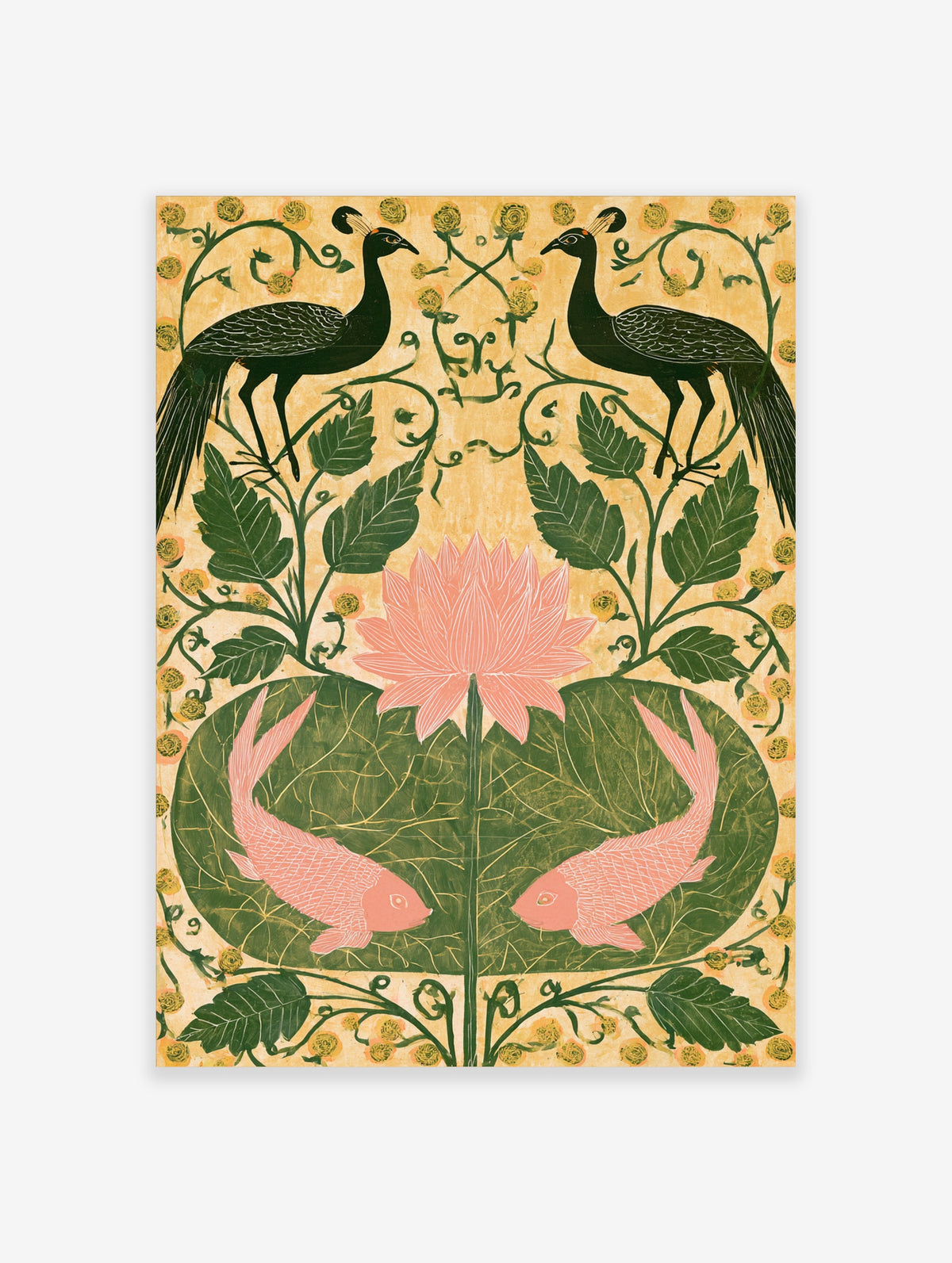 Symmetrical peacock and lotus art print with pink fish on green lily pad and yellow background