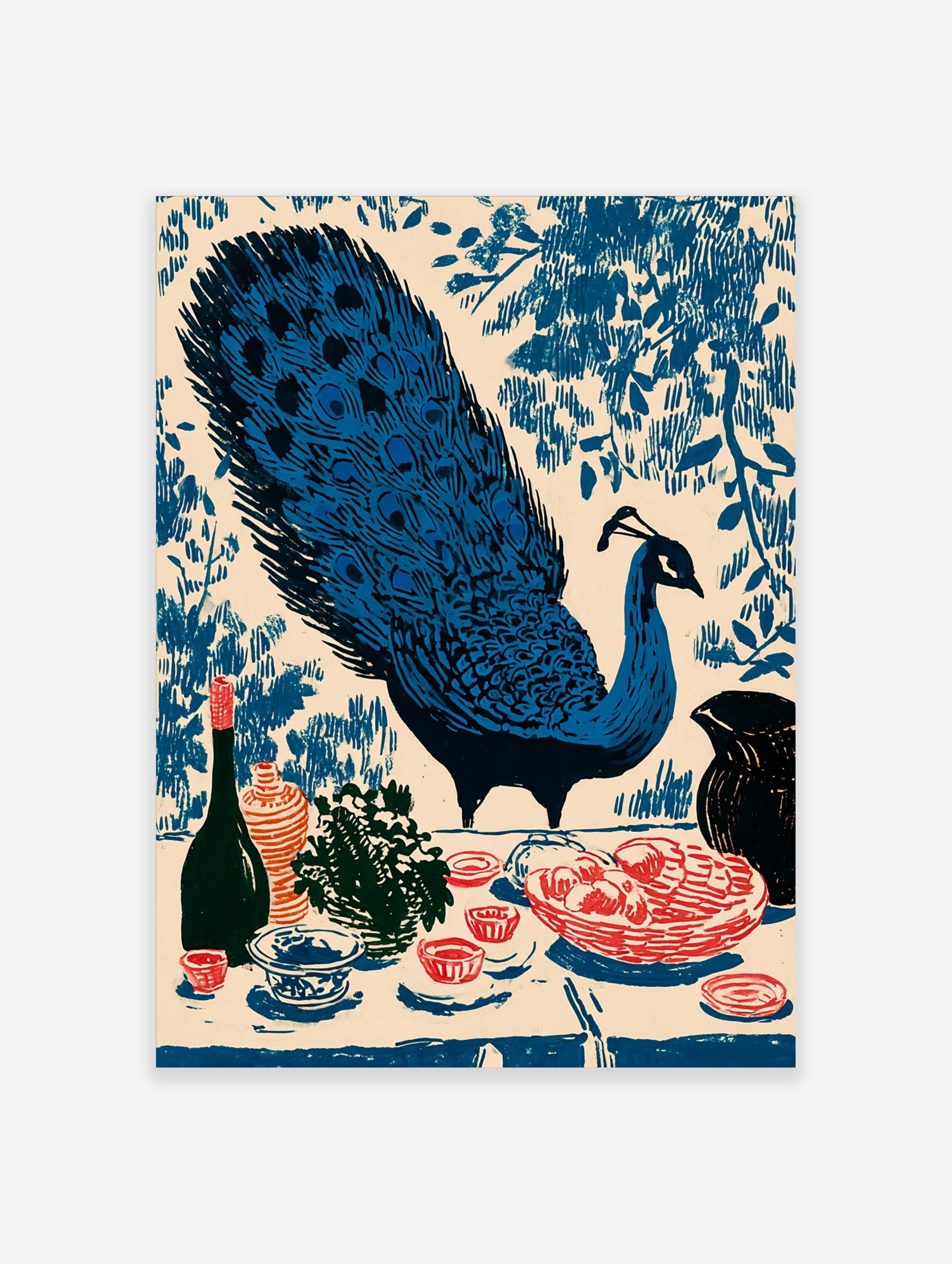 Illustrative blue peacock with fanned tail and still life with fruit, bottle, and vase on a table