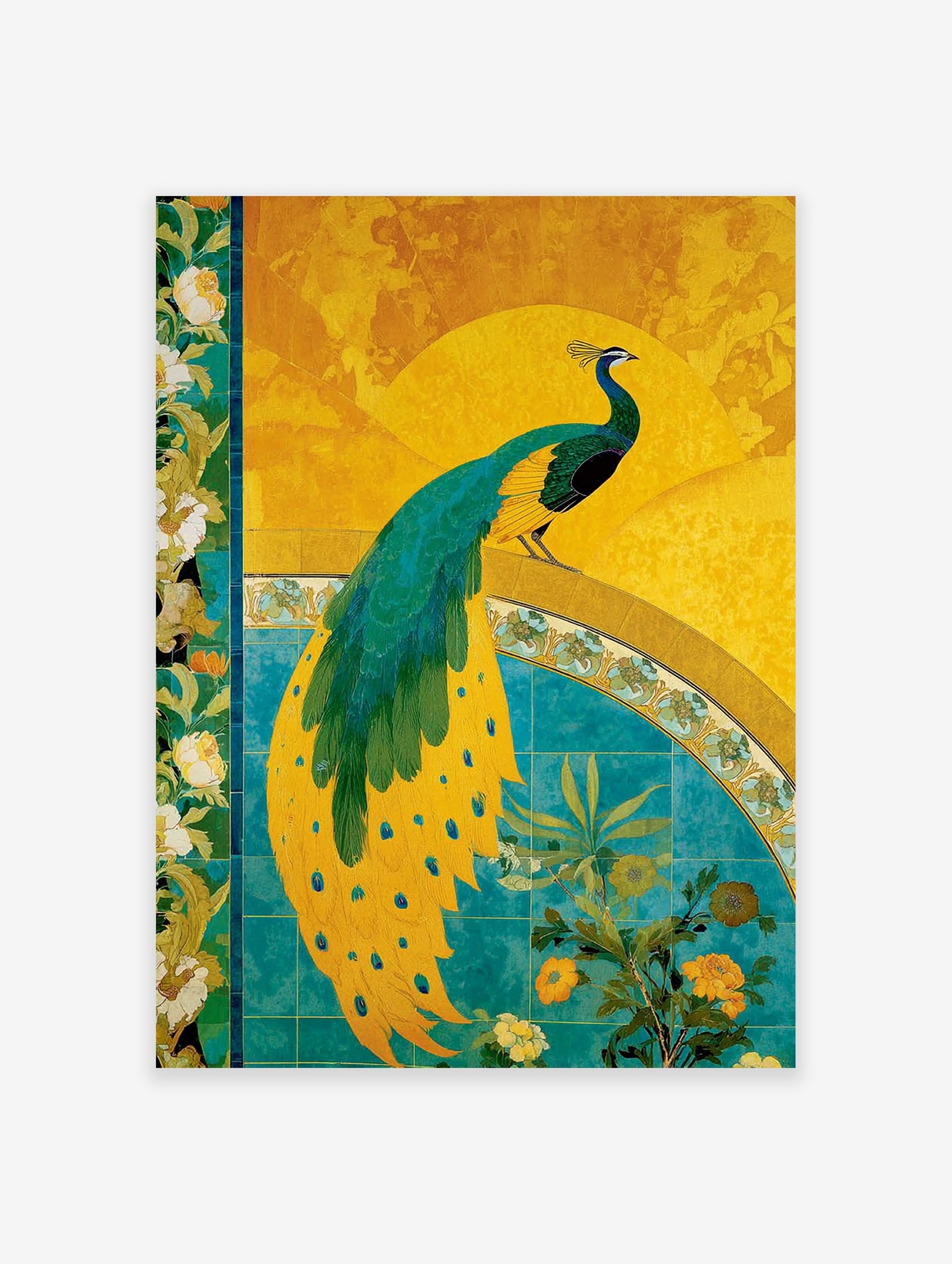 Vibrant yellow and teal peacock illustration poster with green feathers standing on a decorative arch with flowers.