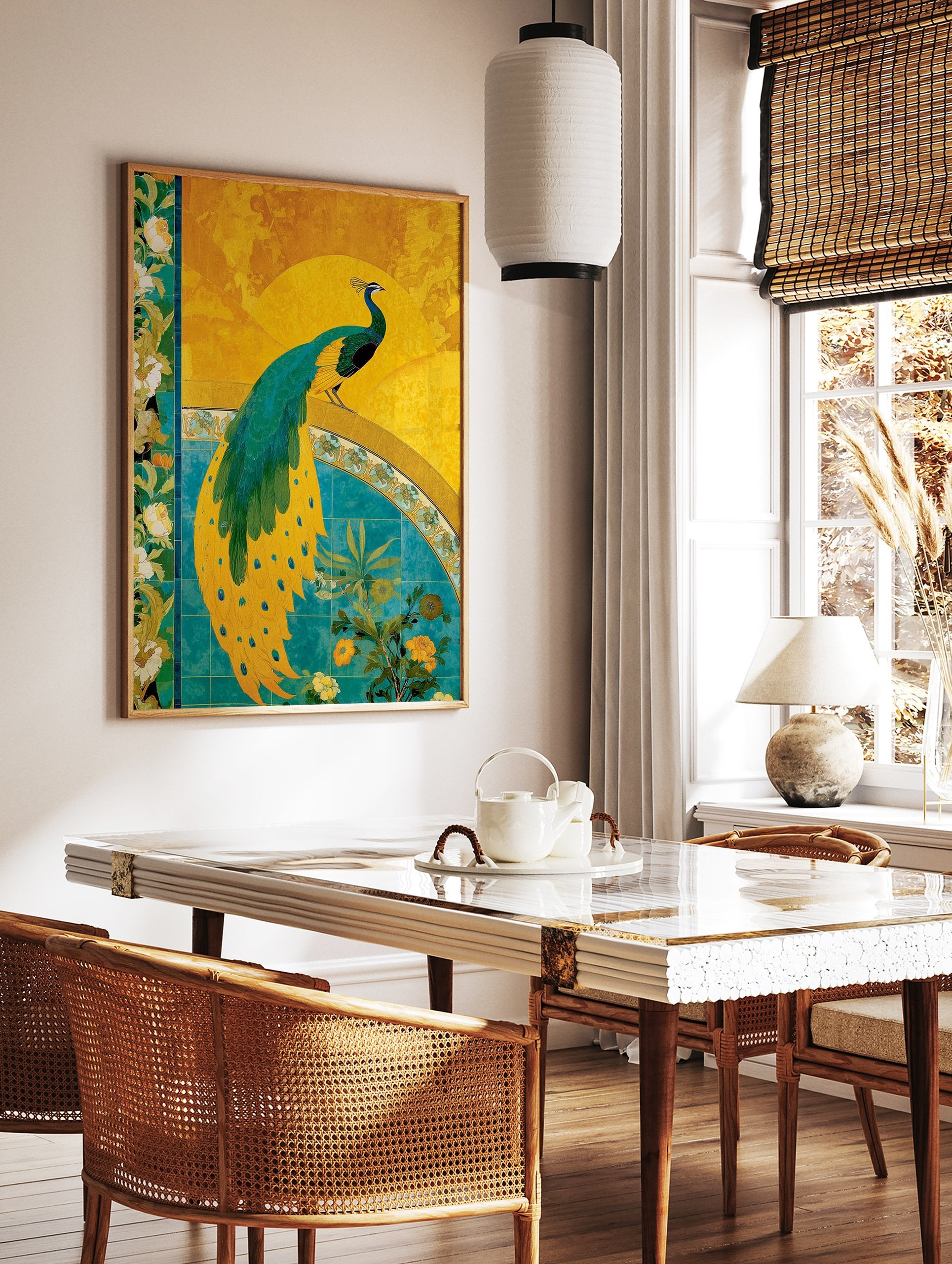 Vibrant yellow and teal peacock illustration poster with green feathers standing on a decorative arch with flowers. - Image 2