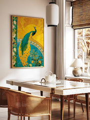Vibrant yellow and teal peacock illustration poster with green feathers standing on a decorative arch with flowers. - Image 2