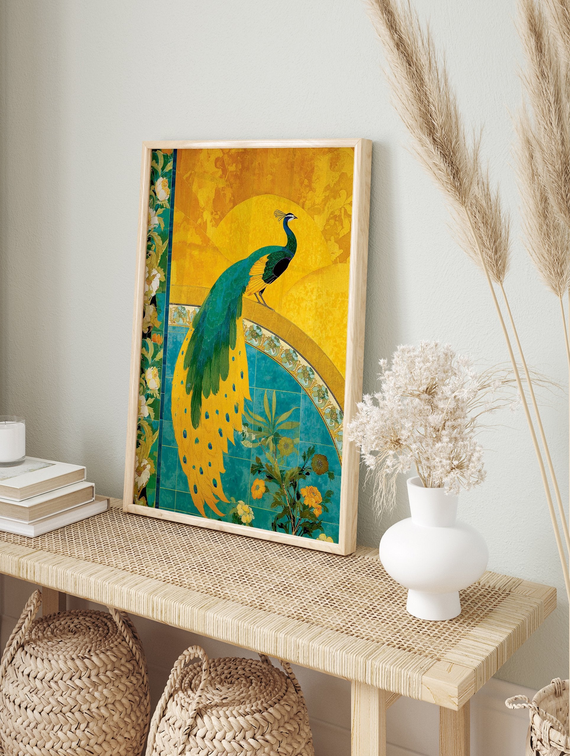 Vibrant yellow and teal peacock illustration poster with green feathers standing on a decorative arch with flowers. - Image 4