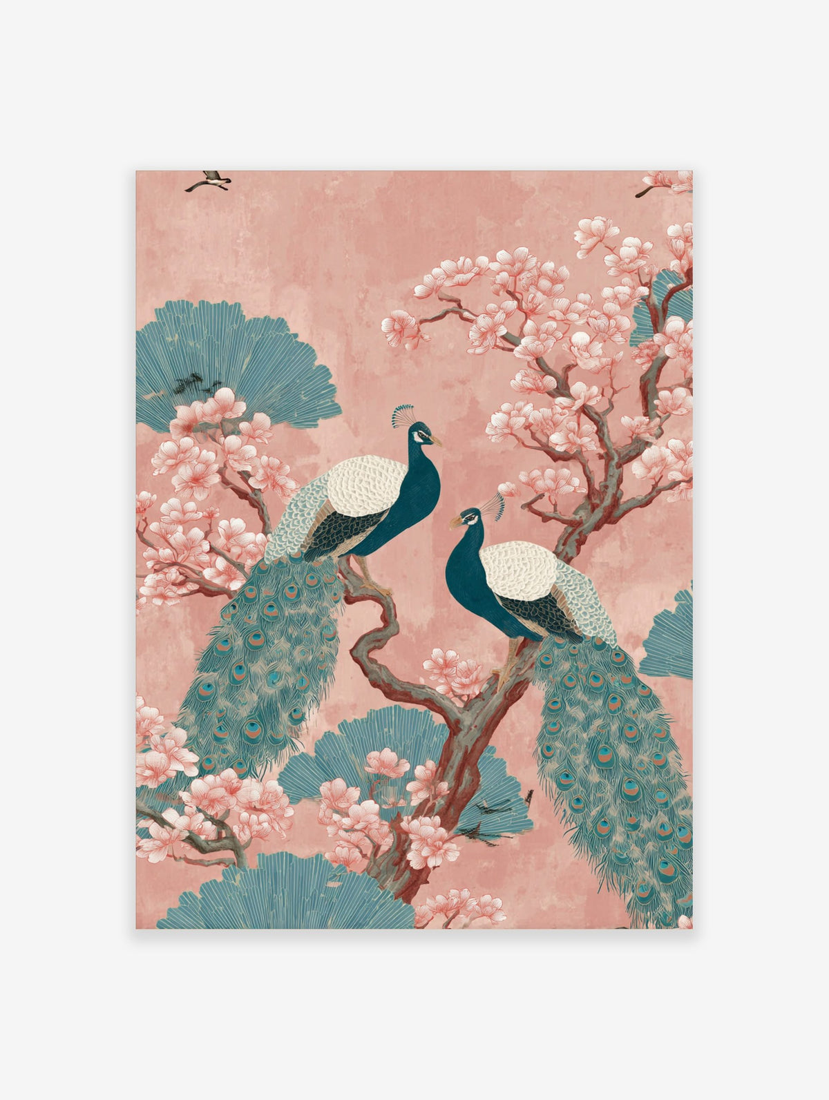 Two teal peacocks on a brown branch with pink cherry blossoms and teal foliage on a pink background