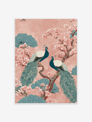 Two teal peacocks on a brown branch with pink cherry blossoms and teal foliage on a pink background