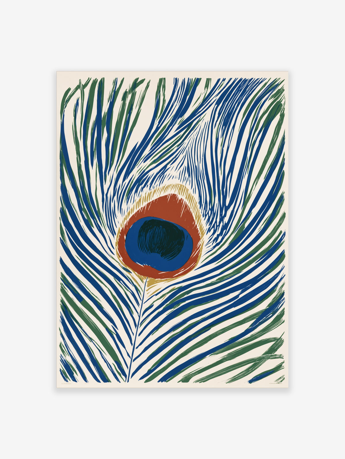 Peacock feather art print with blue and green barbs and a central blue and rust eye on cream