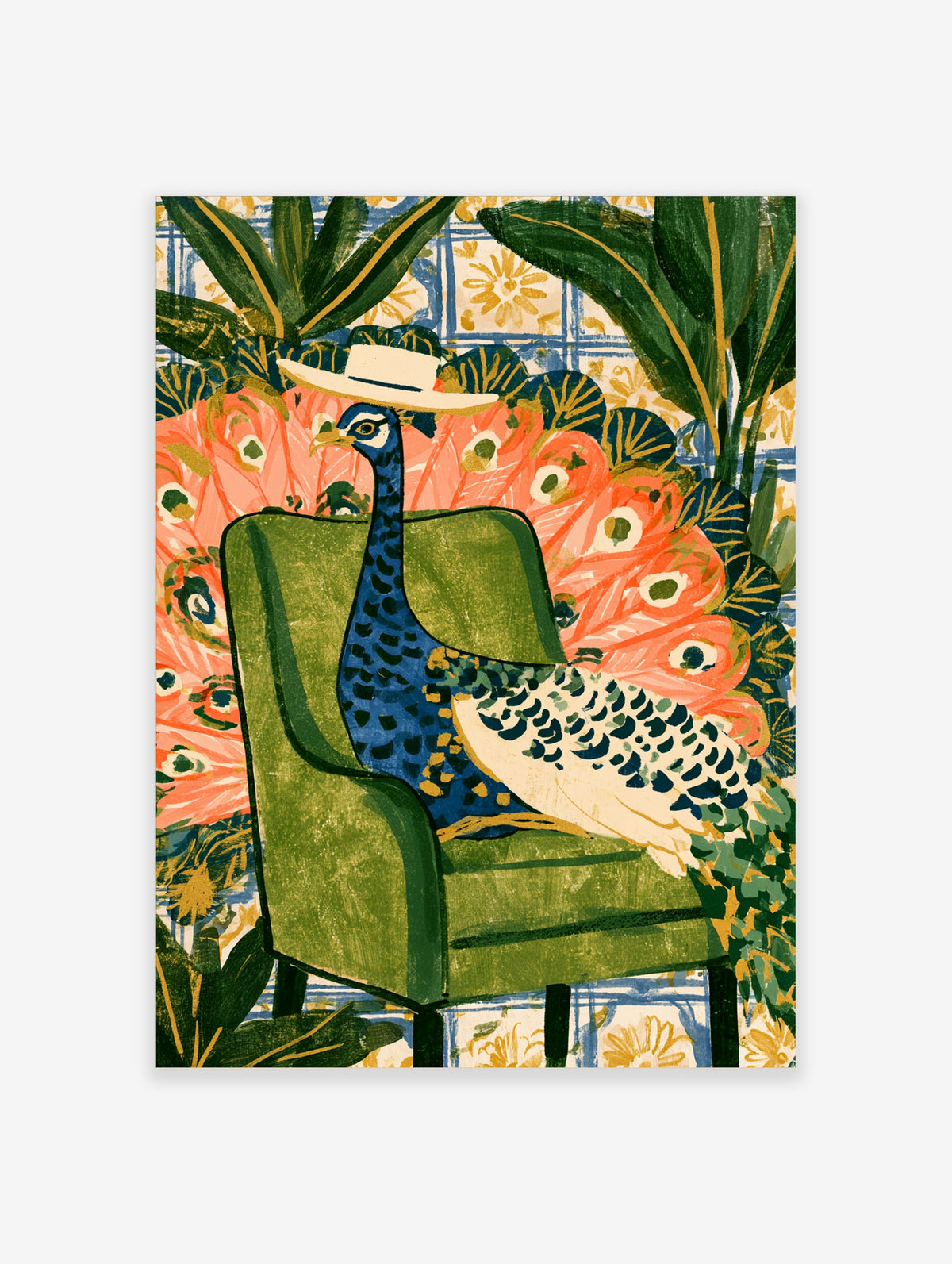 Blue peacock in straw hat on green armchair with coral feathers and tiled wallpaper art print