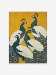 A peacock poster featuring five blue and white peacocks with fanned tails on a vibrant yellow background, in an Indian art style.