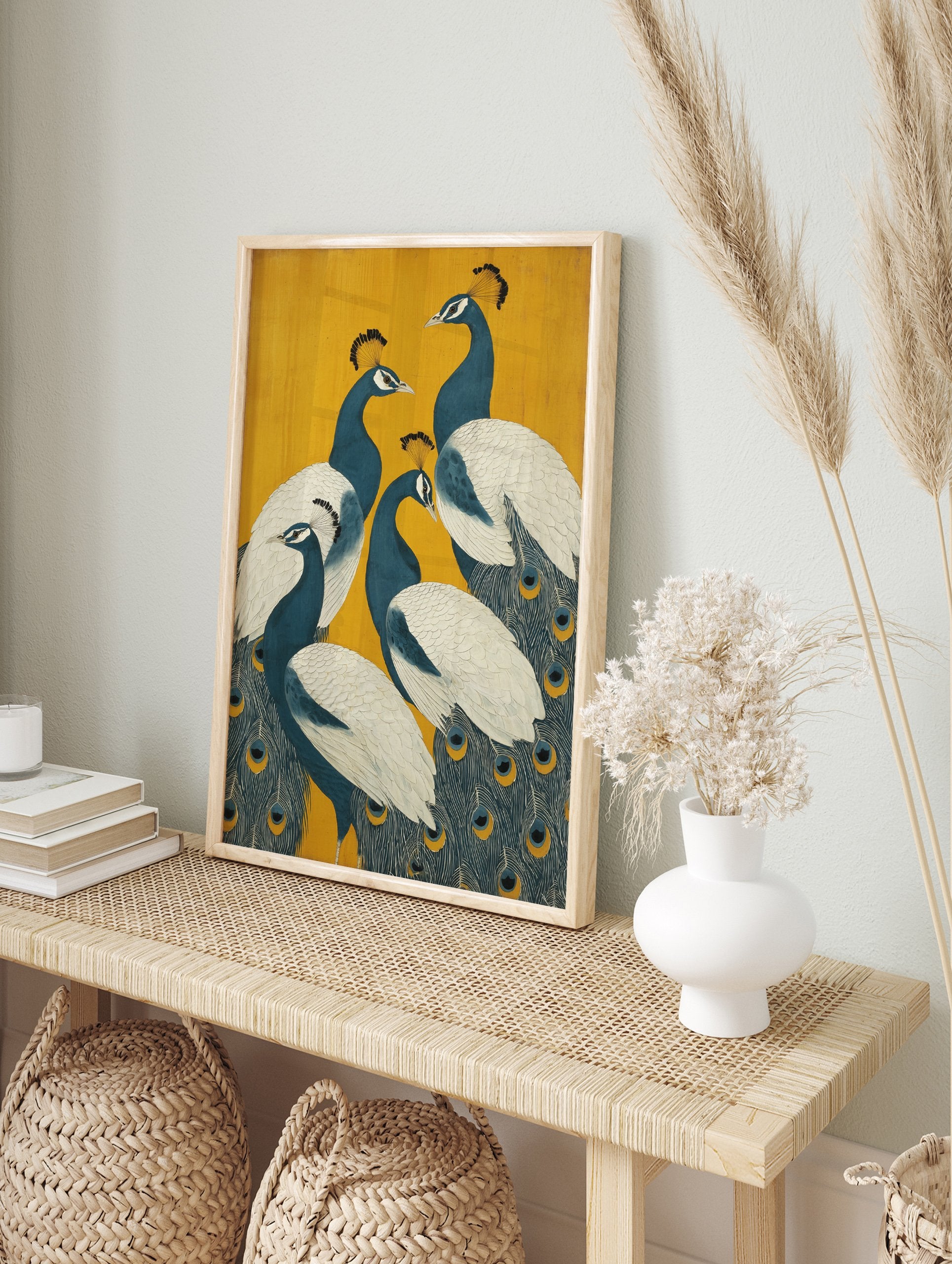 A peacock poster featuring five blue and white peacocks with fanned tails on a vibrant yellow background, in an Indian art style. - Image 4
