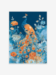 An illustrative peacock botanical poster featuring a blue and orange peacock surrounded by vibrant blue and orange flowers.