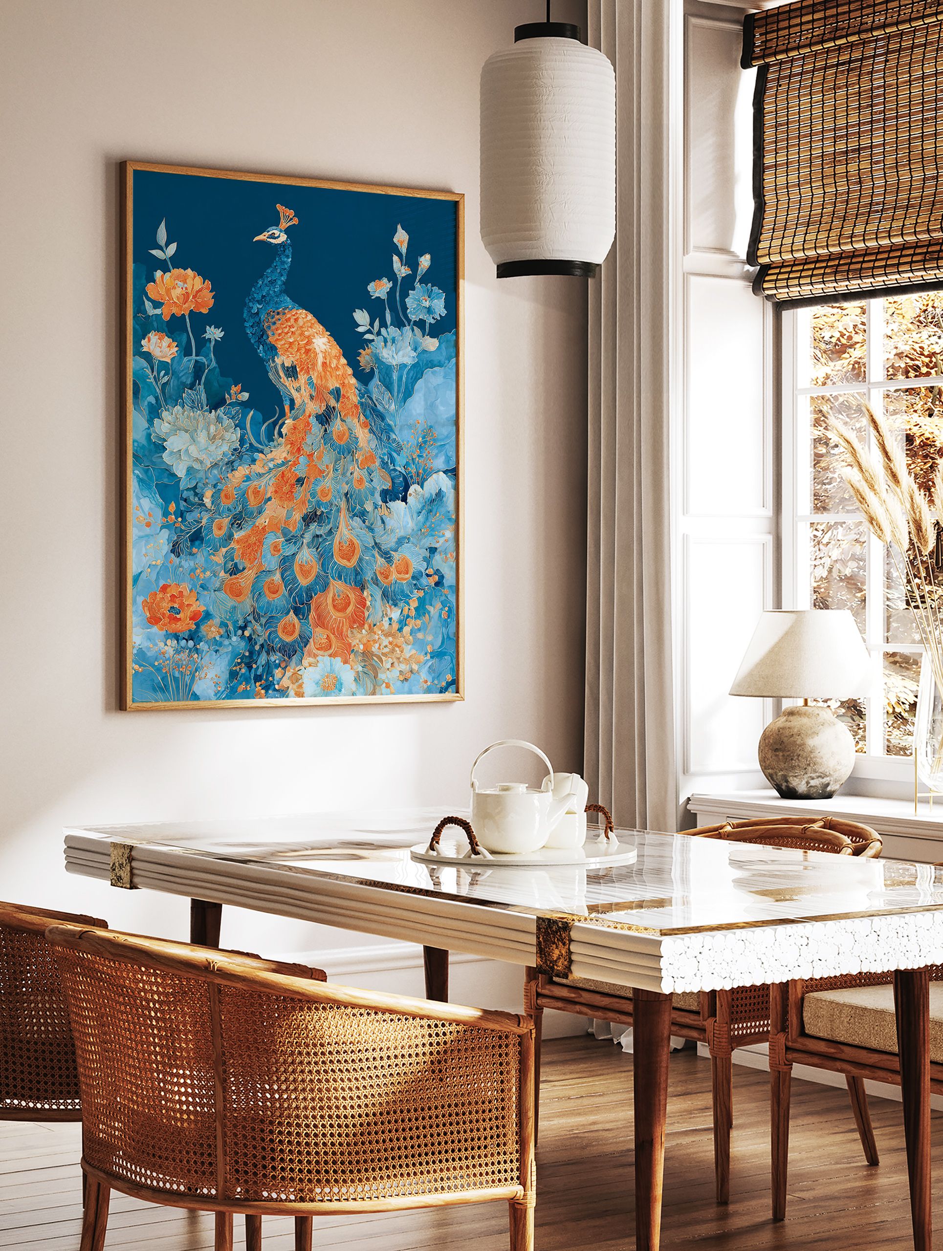 An illustrative peacock botanical poster featuring a blue and orange peacock surrounded by vibrant blue and orange flowers. - Image 2