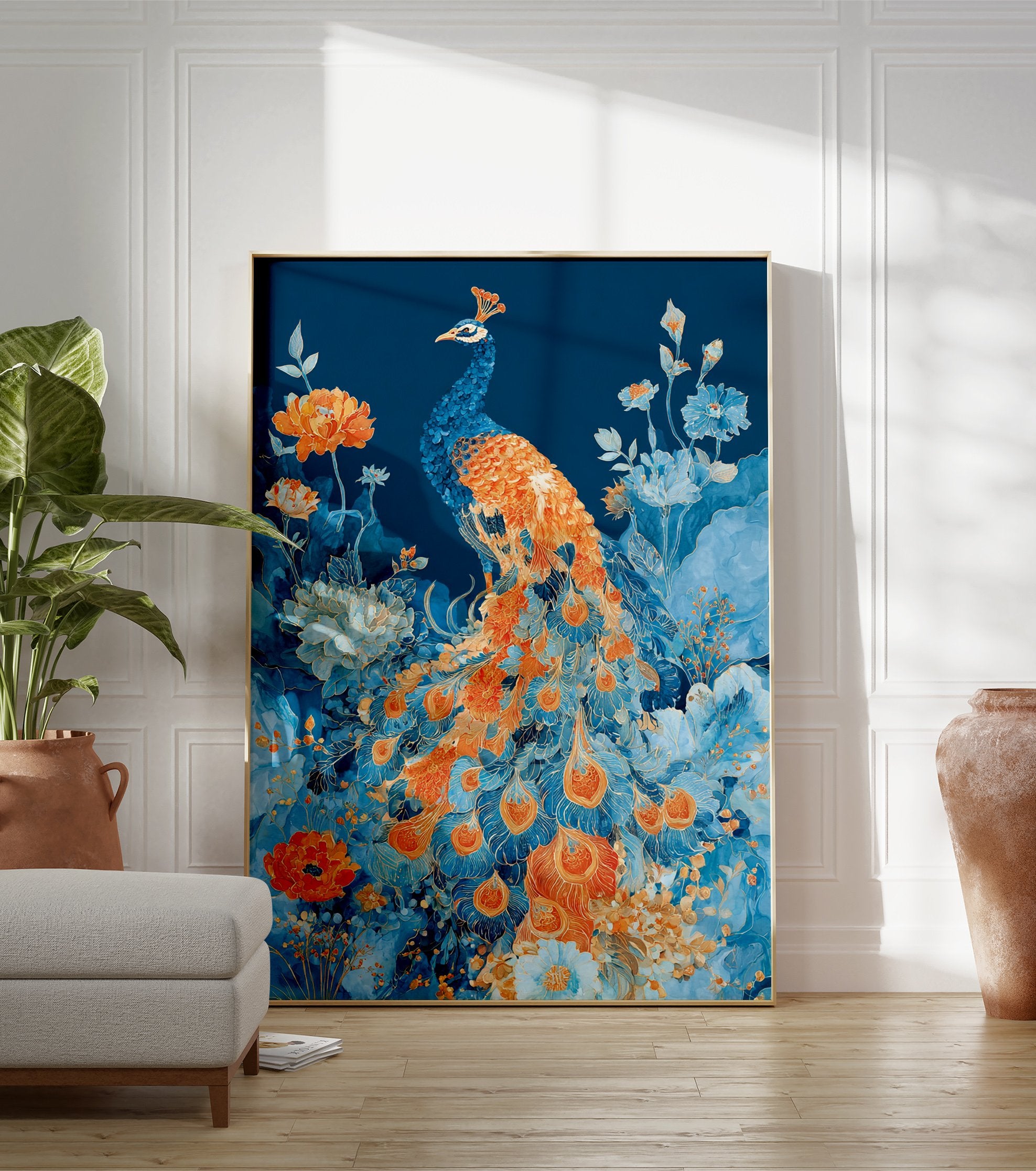 An illustrative peacock botanical poster featuring a blue and orange peacock surrounded by vibrant blue and orange flowers. - Image 3