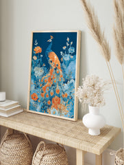 An illustrative peacock botanical poster featuring a blue and orange peacock surrounded by vibrant blue and orange flowers. - Image 4