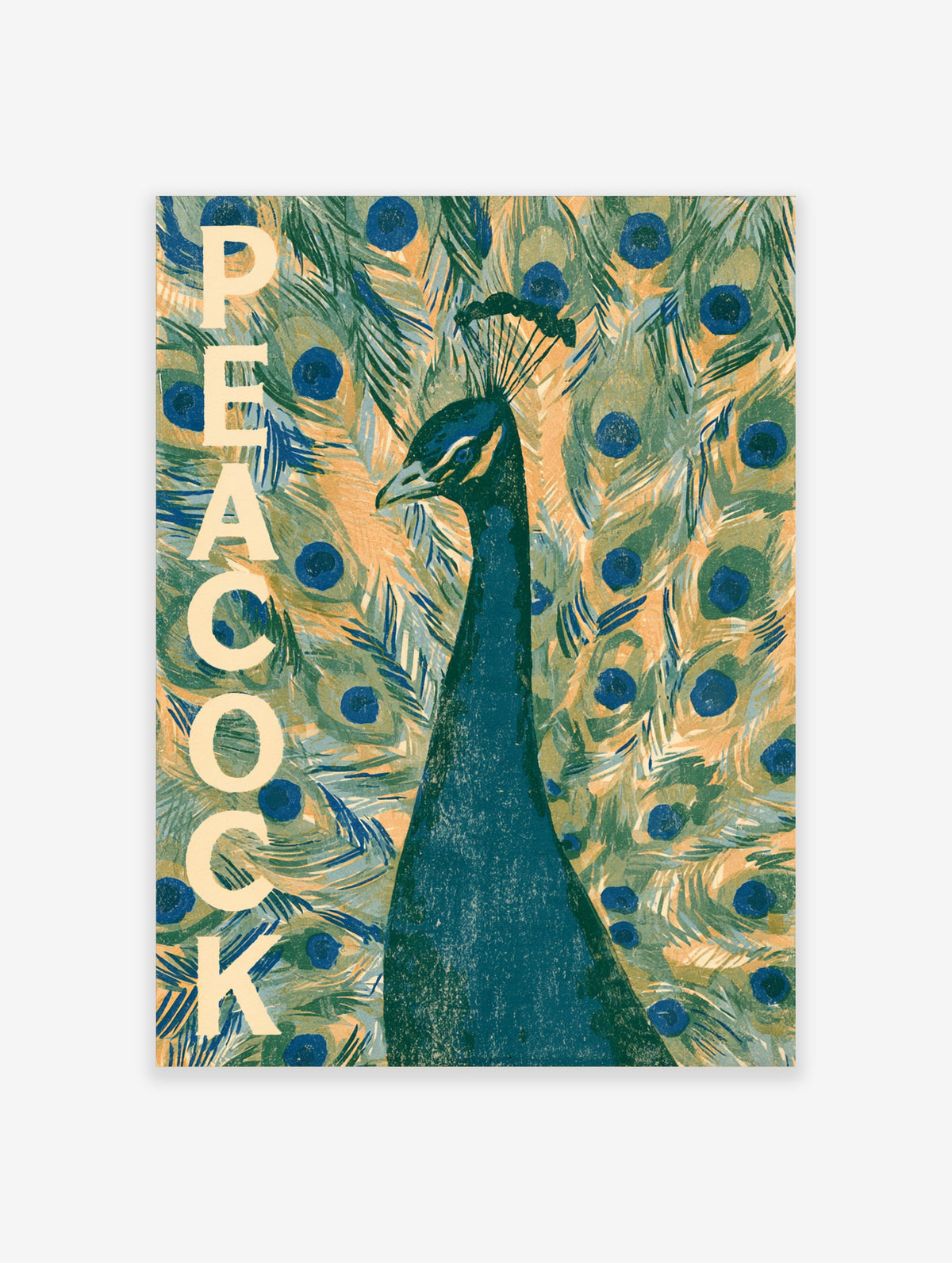Peacock poster with vertical PEACOCK text and teal bird on green and blue feather background