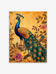 Peacock poster with blue and green plumage, gold body, and long tail feathers. Pink and blue flowers, leaves on a textured yellow background.