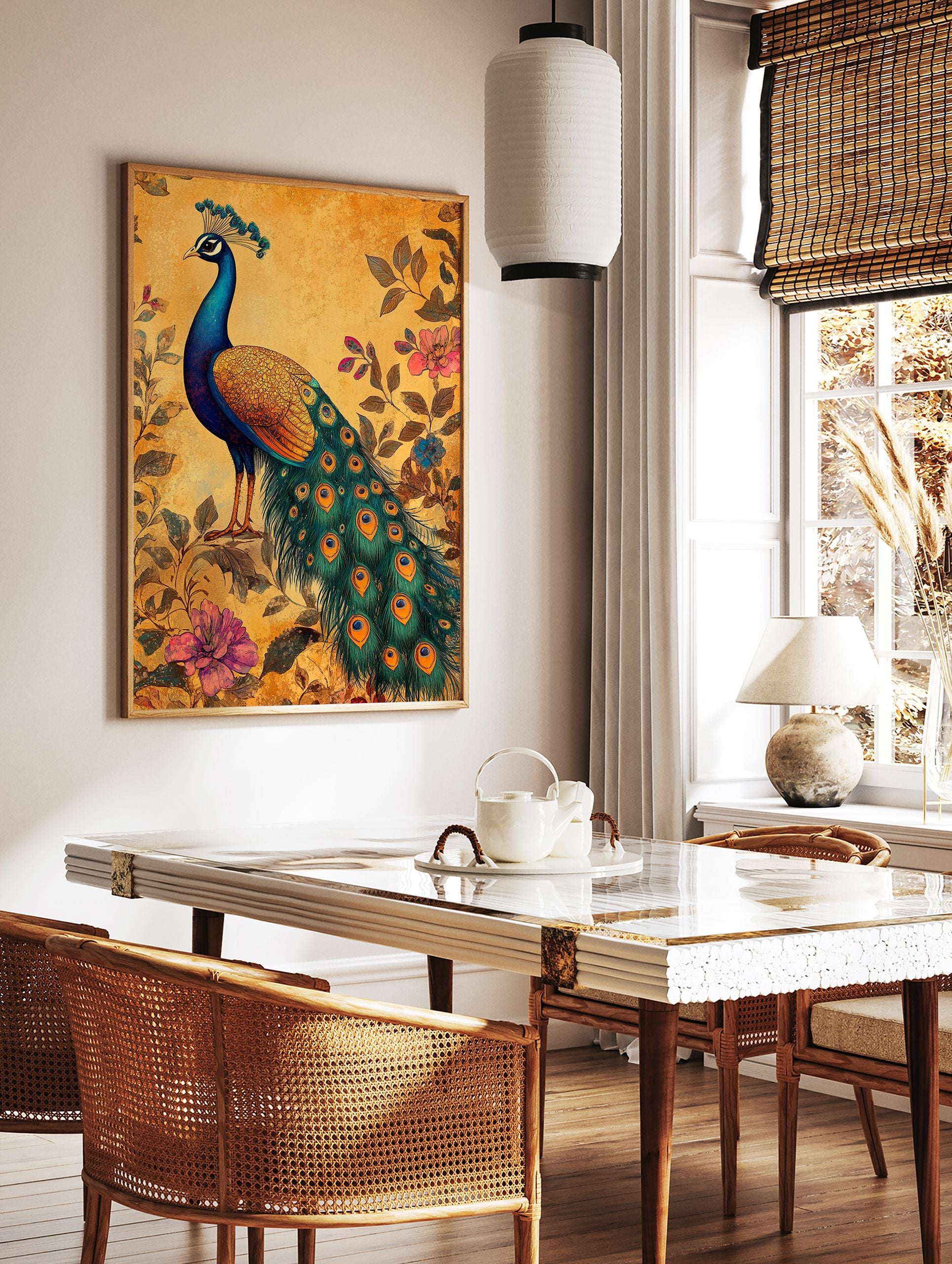 Peacock poster with blue and green plumage, gold body, and long tail feathers. Pink and blue flowers, leaves on a textured yellow background. - Image 2
