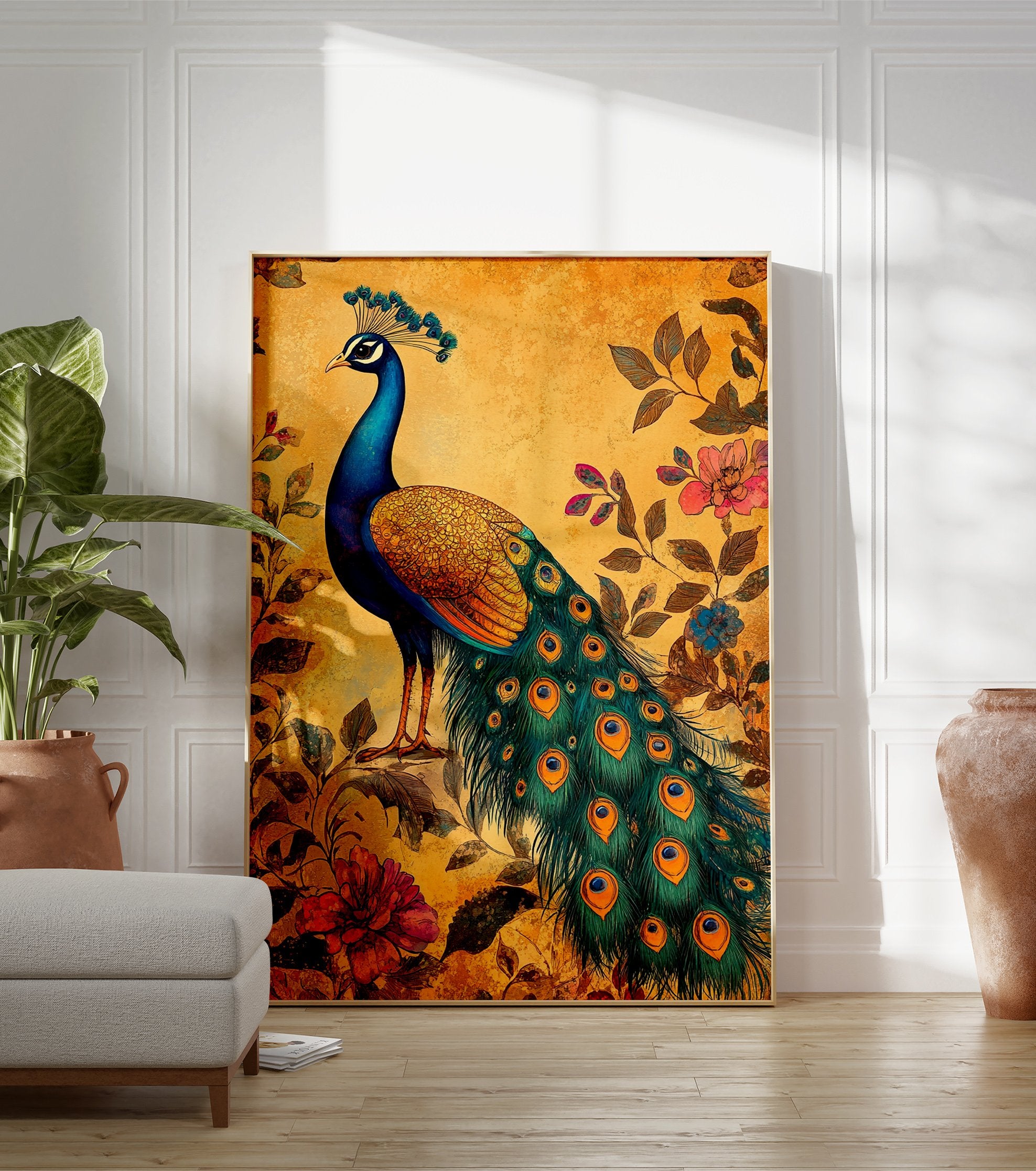 Peacock poster with blue and green plumage, gold body, and long tail feathers. Pink and blue flowers, leaves on a textured yellow background. - Image 3