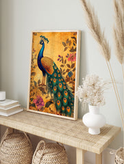 Peacock poster with blue and green plumage, gold body, and long tail feathers. Pink and blue flowers, leaves on a textured yellow background. - Image 4