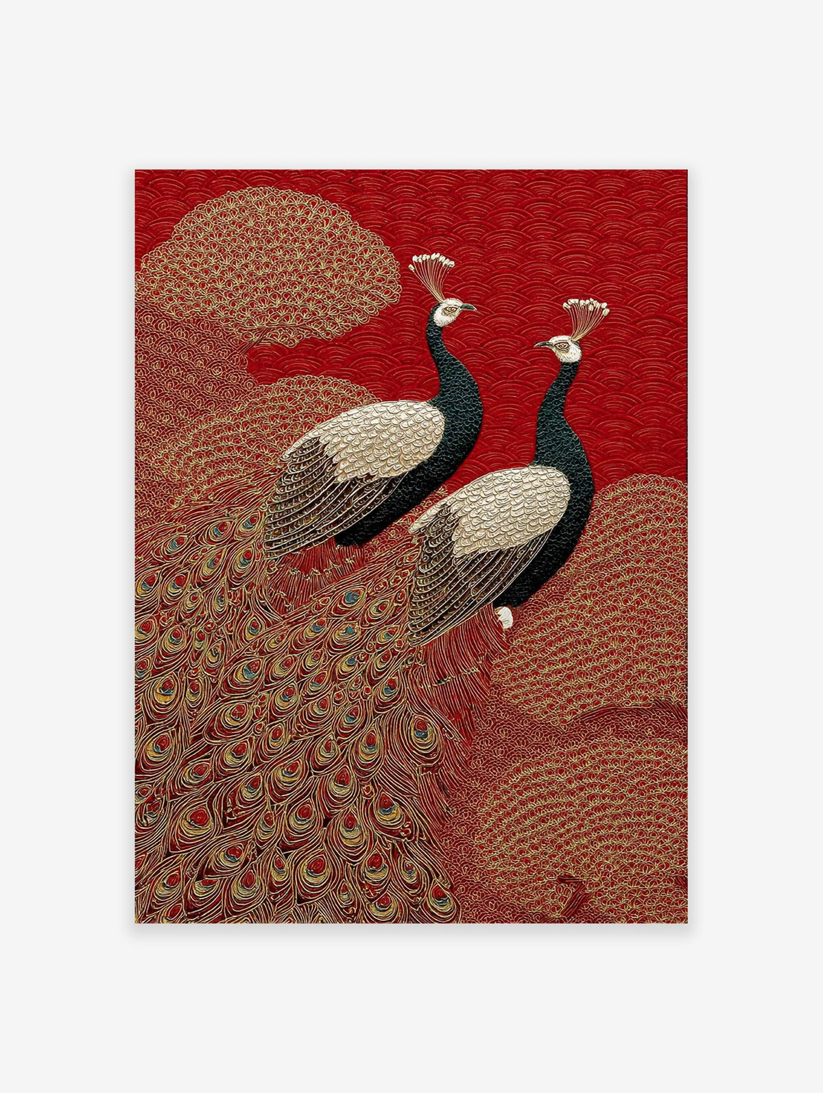 Peacock poster featuring two black and white peacocks with gold accents on a red background with intricate patterns.