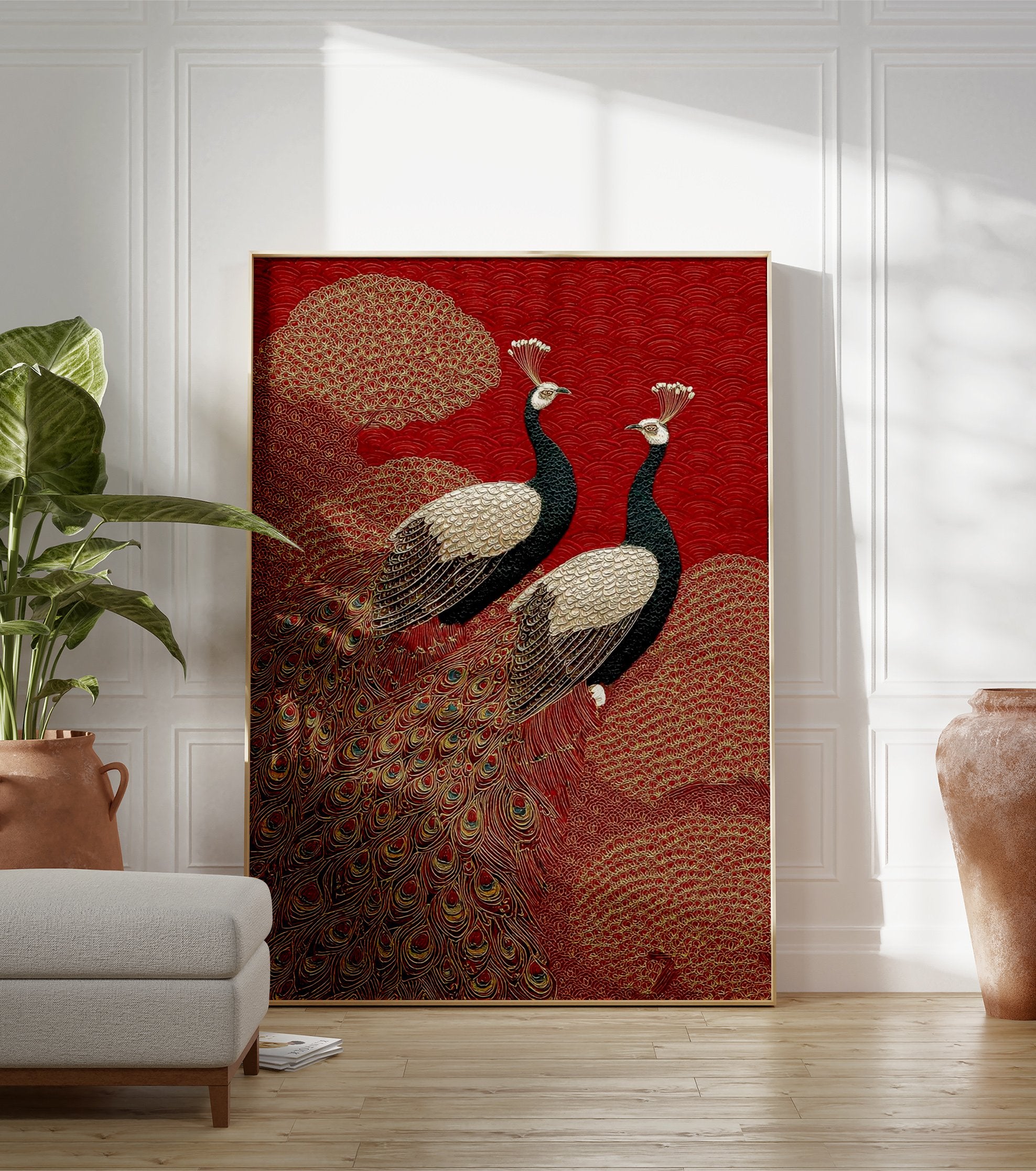 Peacock poster featuring two black and white peacocks with gold accents on a red background with intricate patterns. - Image 3