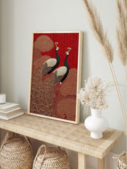 Peacock poster featuring two black and white peacocks with gold accents on a red background with intricate patterns. - Image 4