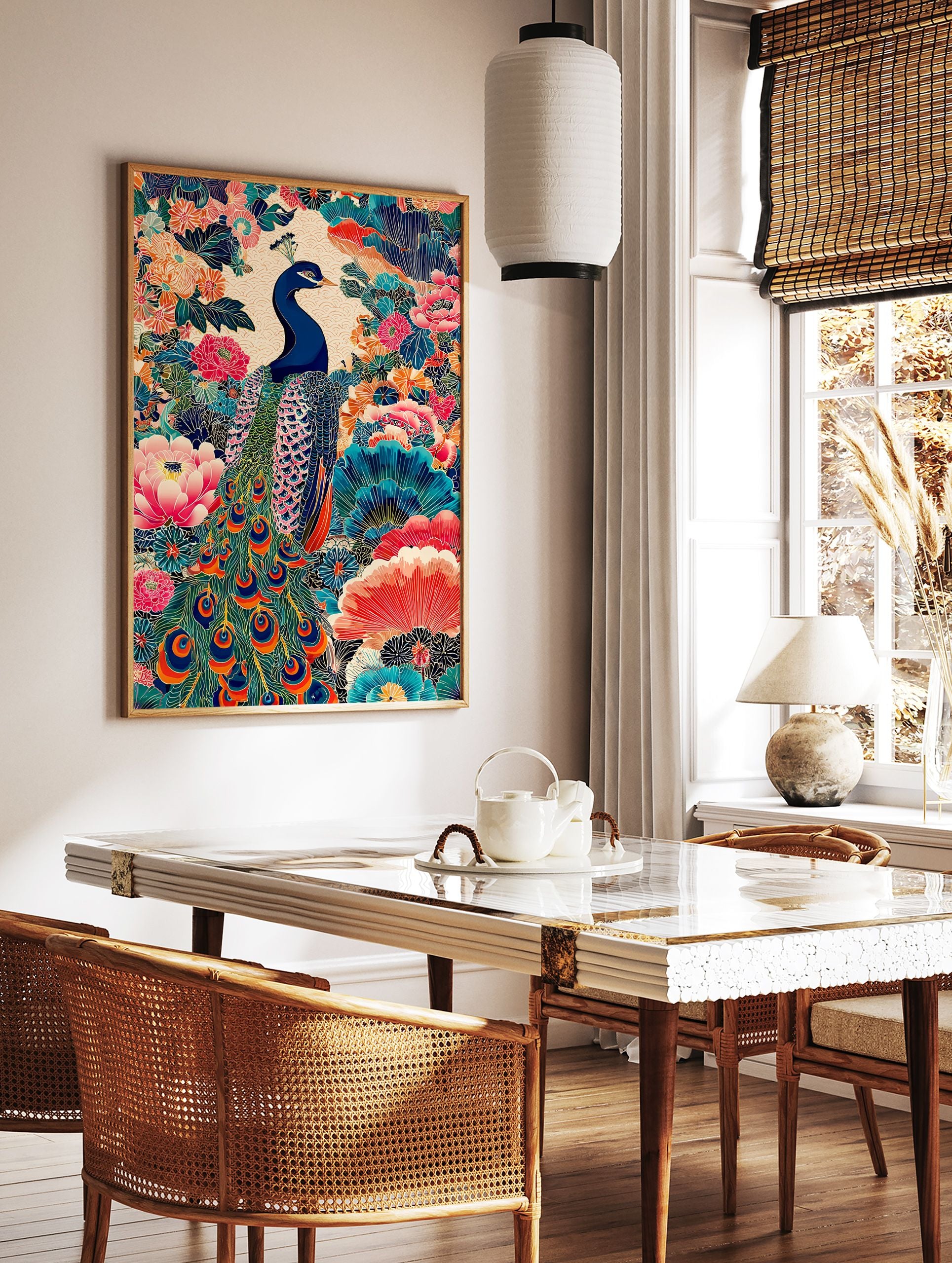 Vibrant peacock poster with intricate Japanese floral patterns in blue, pink, orange, and green on a cream background. - Image 2