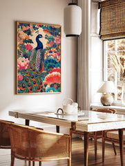 Vibrant peacock poster with intricate Japanese floral patterns in blue, pink, orange, and green on a cream background. - Image 2