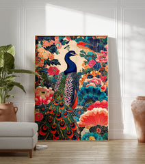 Vibrant peacock poster with intricate Japanese floral patterns in blue, pink, orange, and green on a cream background. - Image 3