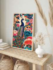 Vibrant peacock poster with intricate Japanese floral patterns in blue, pink, orange, and green on a cream background. - Image 4