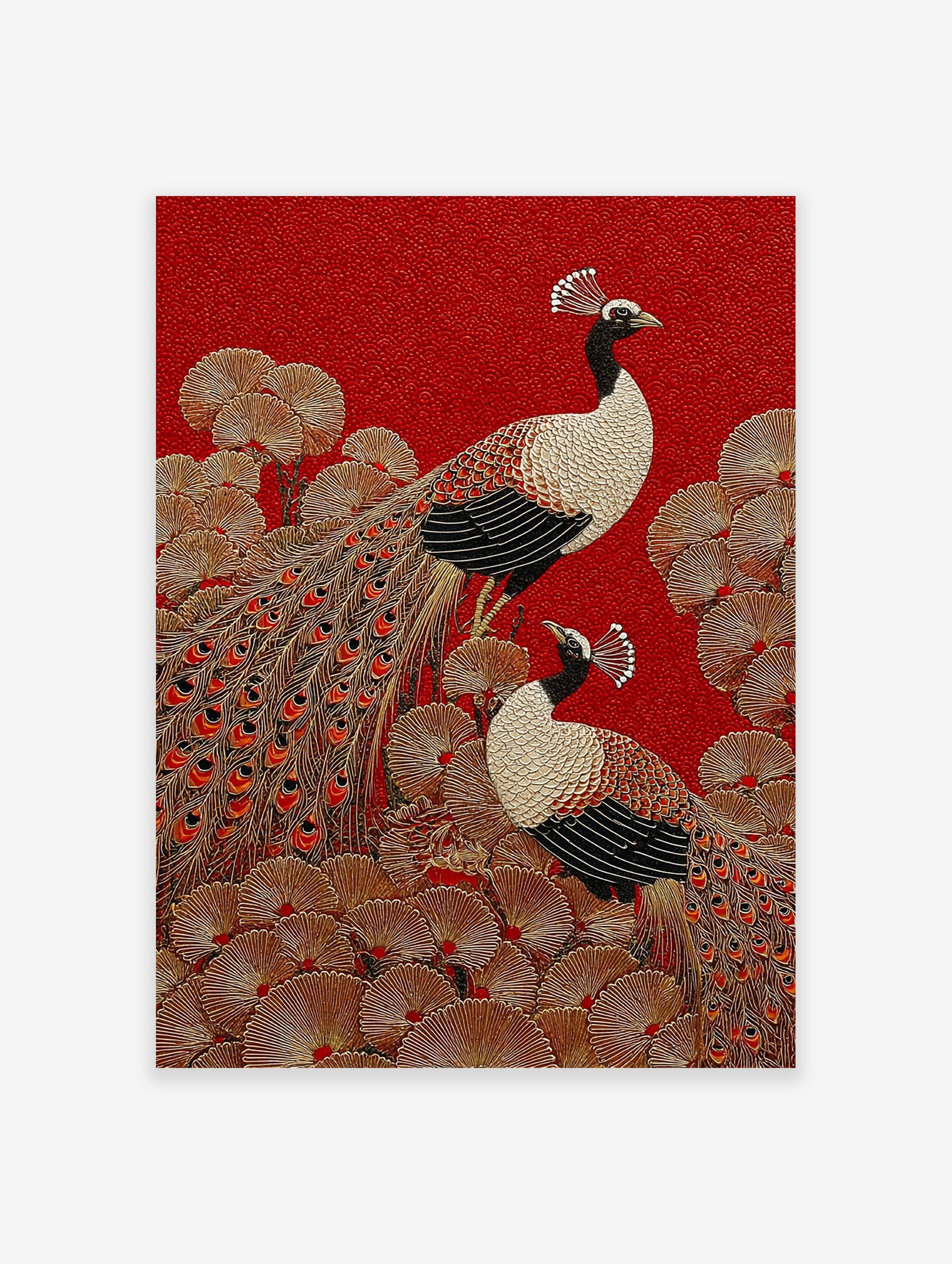Peacock poster featuring two stylized peacocks with golden feathers and black bodies on a textured red background with gold foliage.