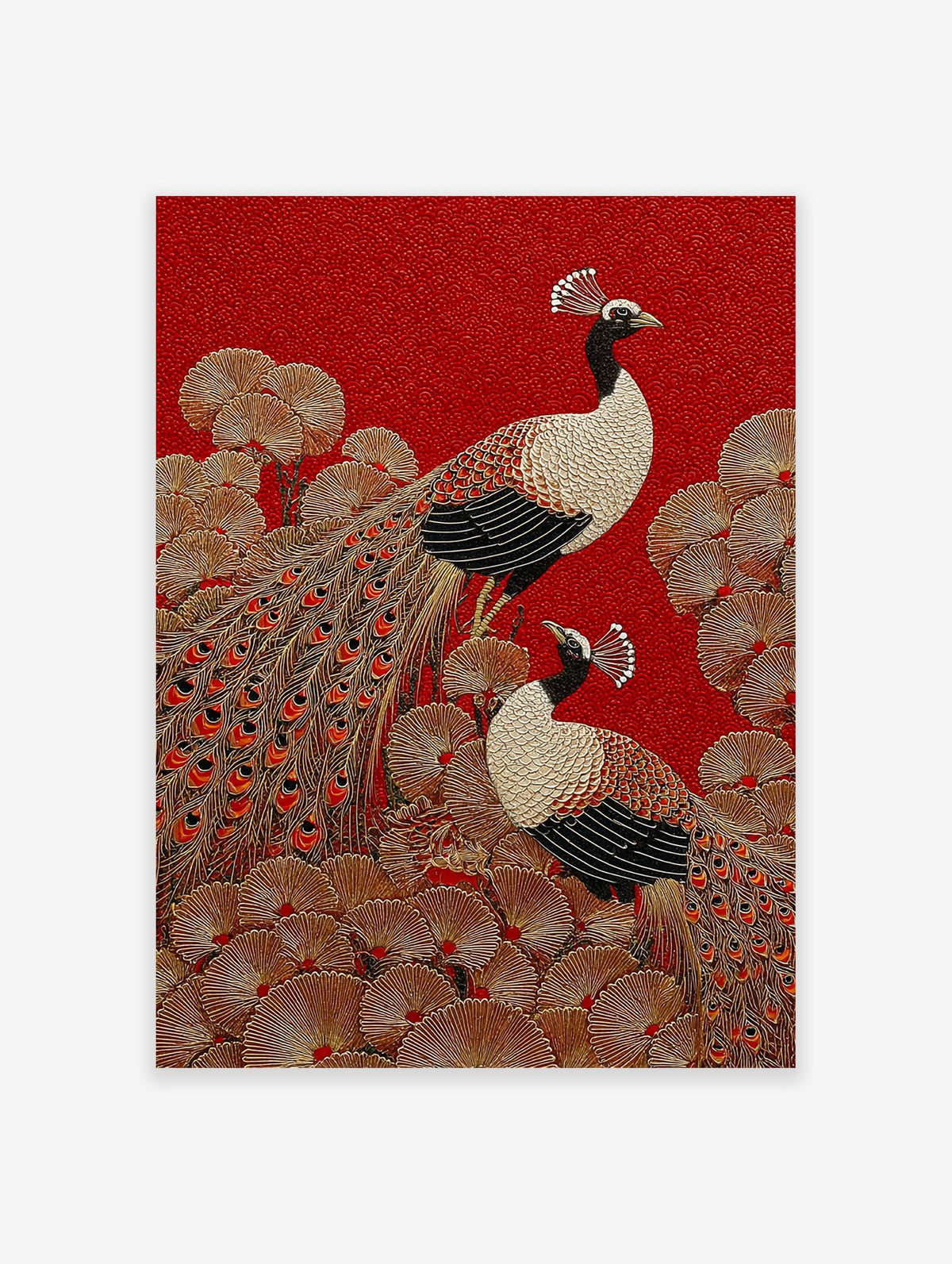 Peacock poster featuring two stylized peacocks with golden feathers and black bodies on a textured red background with gold foliage.