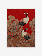 Peacock poster featuring two stylized peacocks with golden feathers and black bodies on a textured red background with gold foliage.