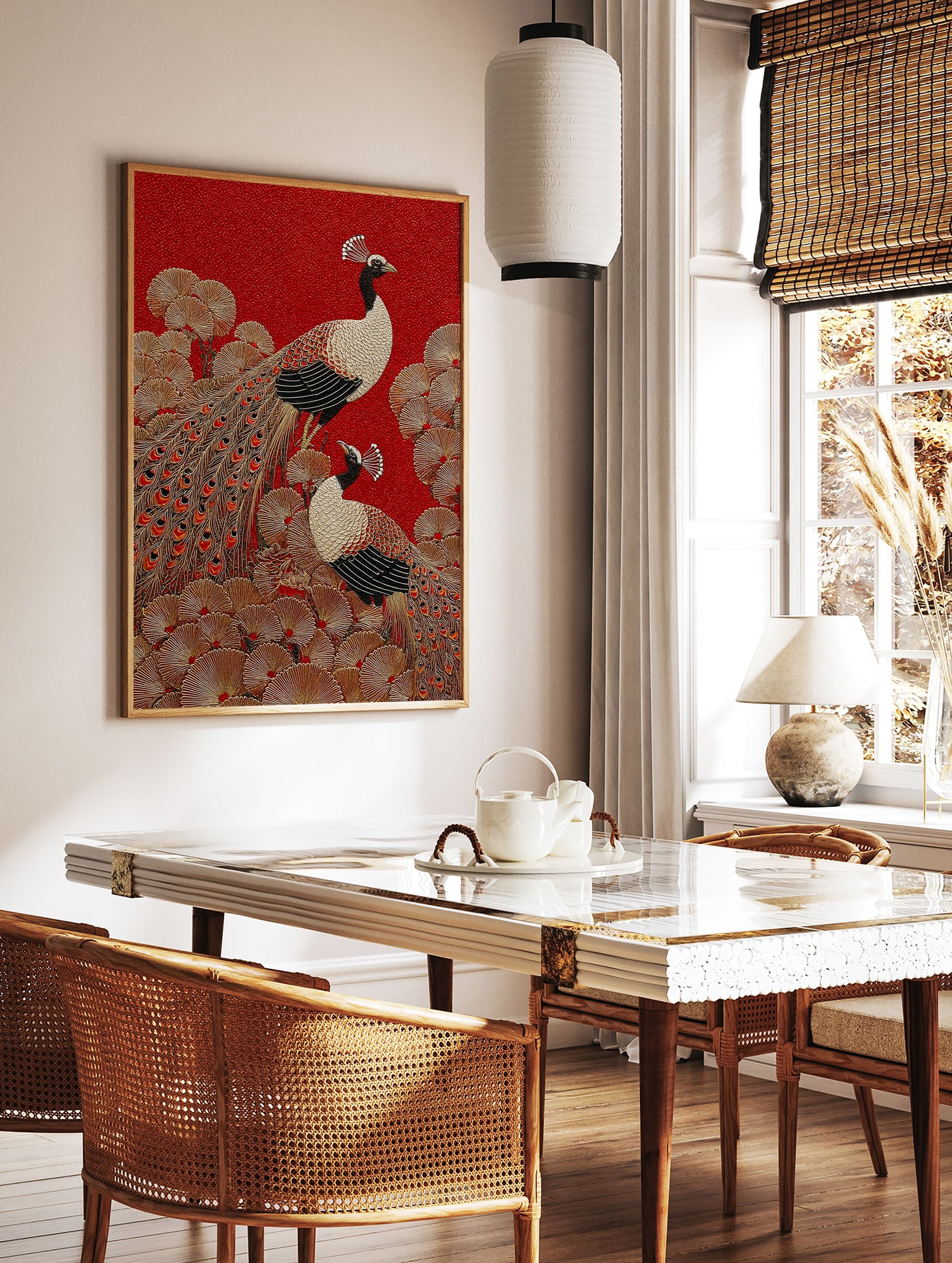 Peacock poster featuring two stylized peacocks with golden feathers and black bodies on a textured red background with gold foliage. - Image 2
