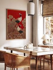 Peacock poster featuring two stylized peacocks with golden feathers and black bodies on a textured red background with gold foliage. - Image 2