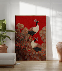 Peacock poster featuring two stylized peacocks with golden feathers and black bodies on a textured red background with gold foliage. - Image 3