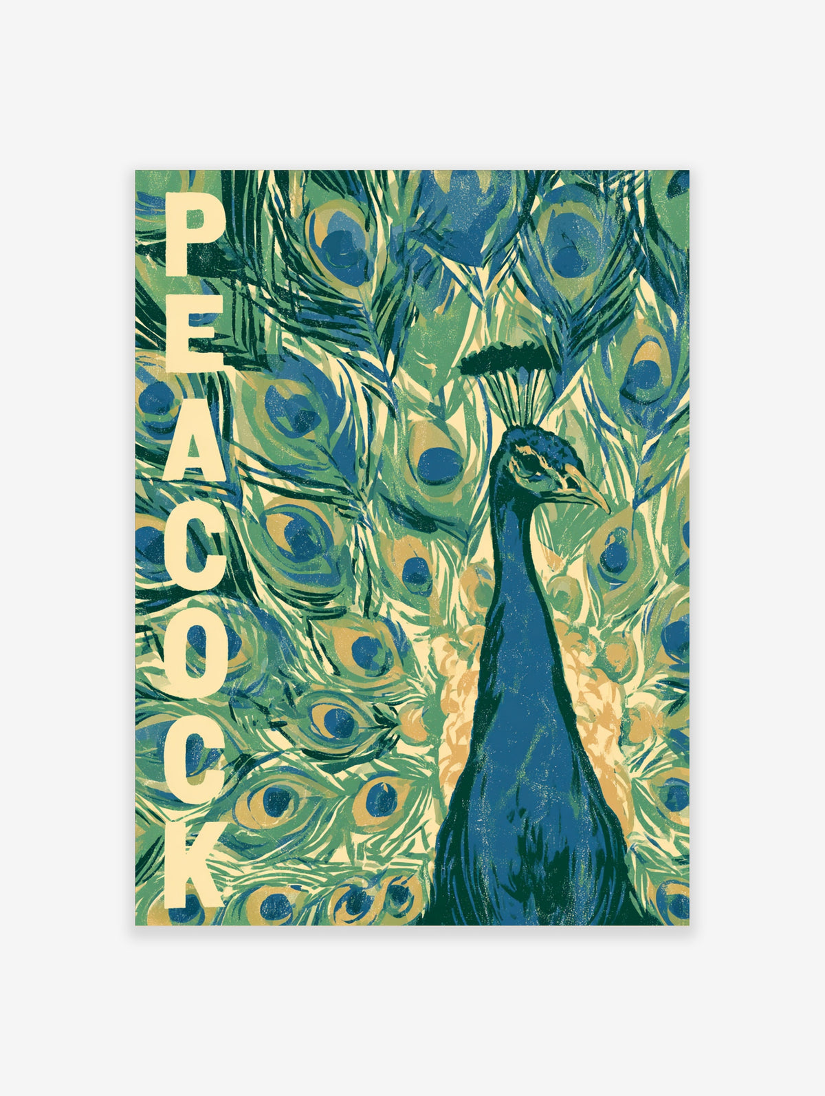 Peacock poster with blue bird and green feather pattern, vertical PEACOCK text on cream background