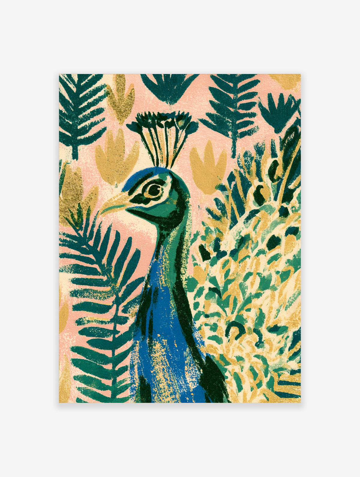 Blue peacock art print with gold crest and teal botanical leaves on pink background