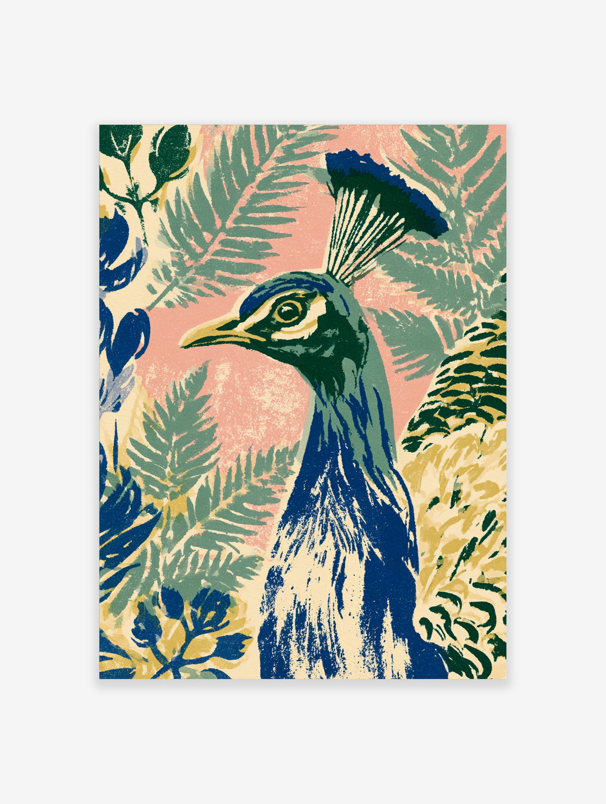 Peacock art print with blue crest, green leaves, and pink background