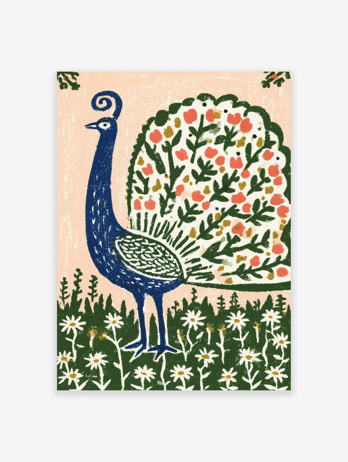 Decorative peacock wall art featuring a blue bird with a botanical floral tail pattern standing in a daisy field