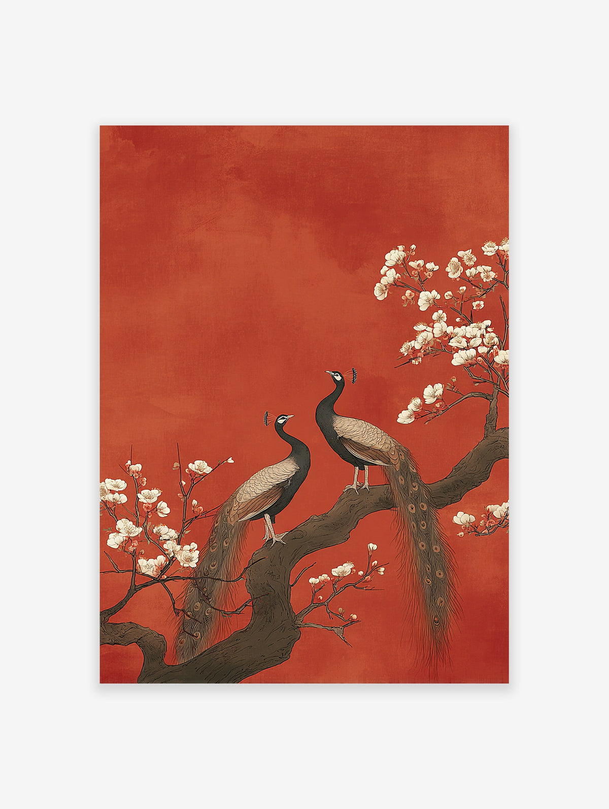 Two peacocks perch on a flowering branch with white blossoms against a textured red background in a traditional art style.