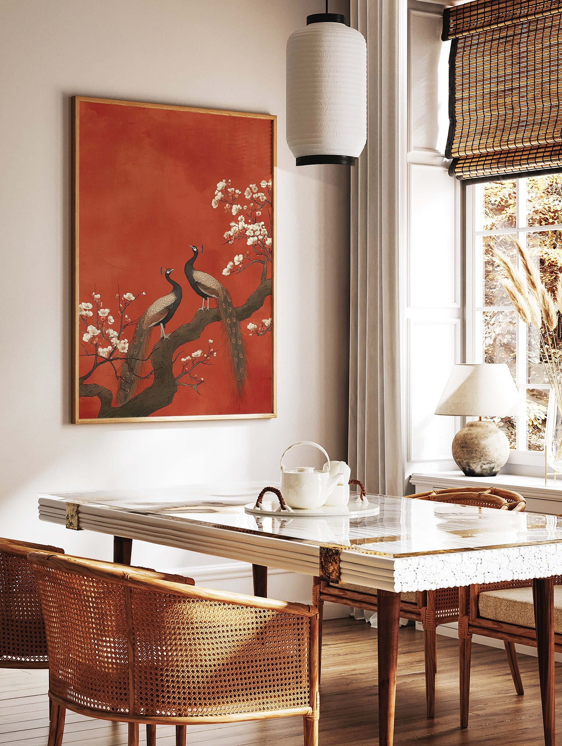 Two peacocks perch on a flowering branch with white blossoms against a textured red background in a traditional art style. - Image 3