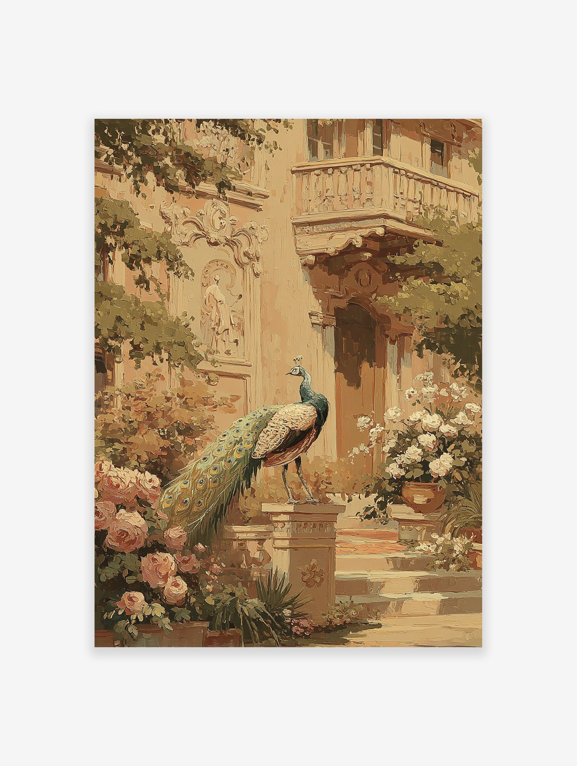 Impressionist peacock wall art painting in a classical garden with pink roses and ornate building details.