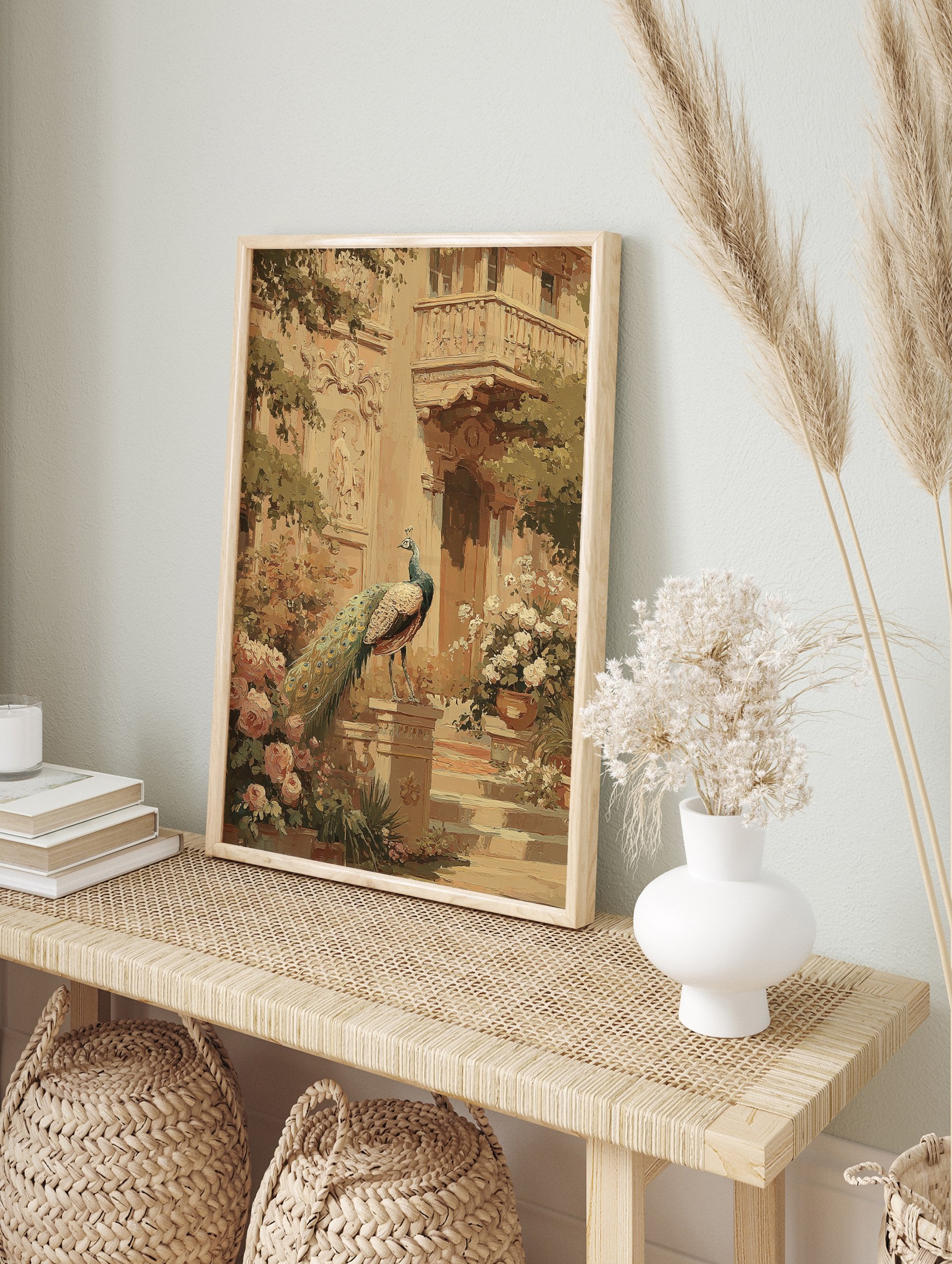 Impressionist peacock wall art painting in a classical garden with pink roses and ornate building details. - Image 3